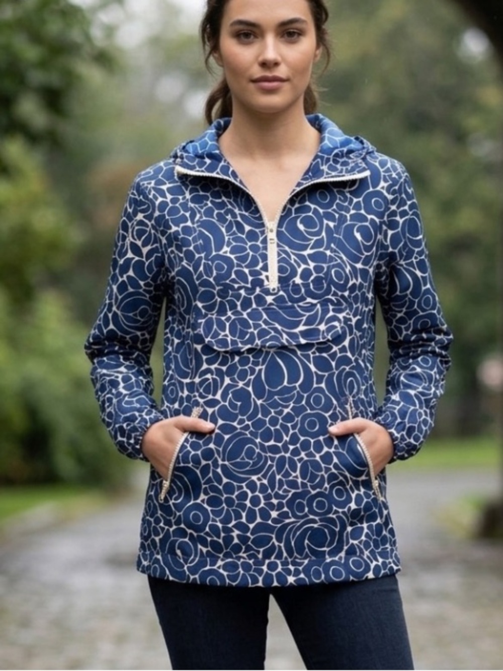 Boden Hooded Anorak Jacket Blue White Floral Drawstring Women's US 2 UK 6